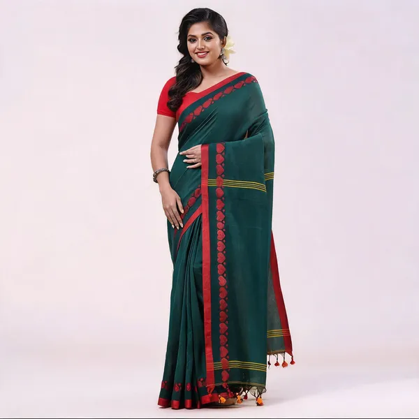 Green_Cotton_Handloom_Self_Design_Saree_With_Blouse_Piece_For_Women