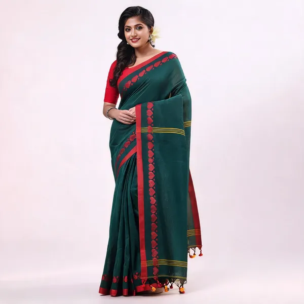 Green_Cotton_Handloom_Self_Design_Saree_With_Blouse_Piece_For_Women