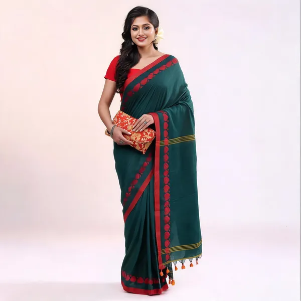 Green_Cotton_Woven_Floral_Saree_With_Blouse_Piece_For_Women