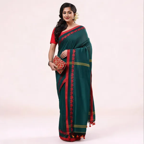 Green_Cotton_Woven_Floral_Saree_With_Blouse_Piece_For_Women