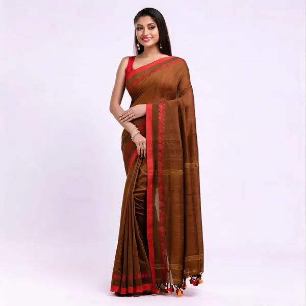 Brown_Cotton_Handloom_Self_Design_Saree_With_Blouse_Piece_For_Women