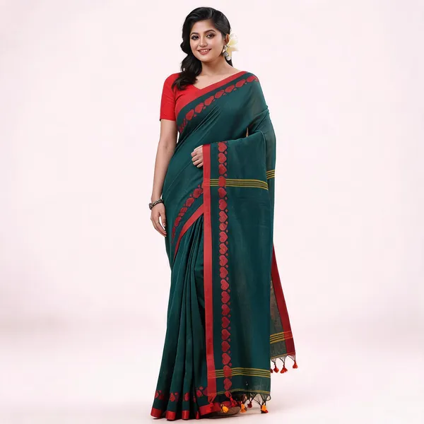 Dark_Green_Cotton_Handloom_Woven_Saree_For_Women
