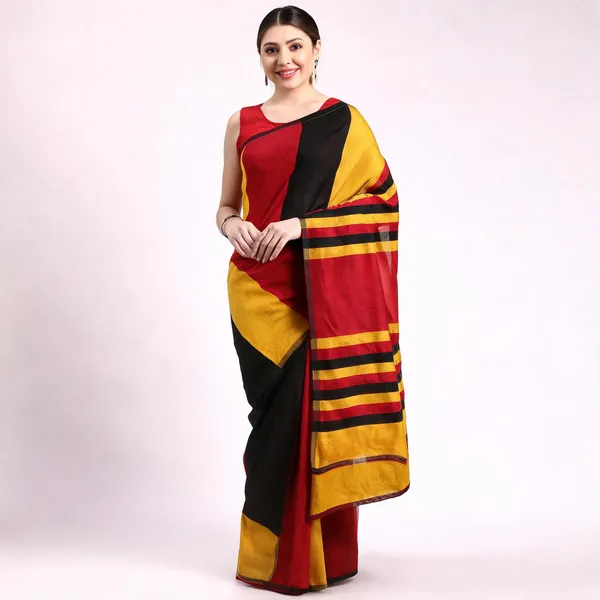 Black_Yellow_Red_Cotton_Woven_Handloom_Saree_With_Blouse_For_Women