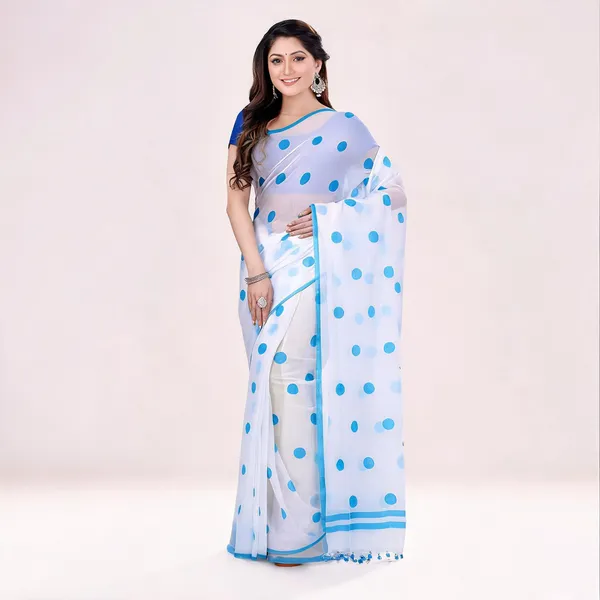 White_Sky_Blue_Cotton_Malmal_Woven_Handloom_Saree_For_Women