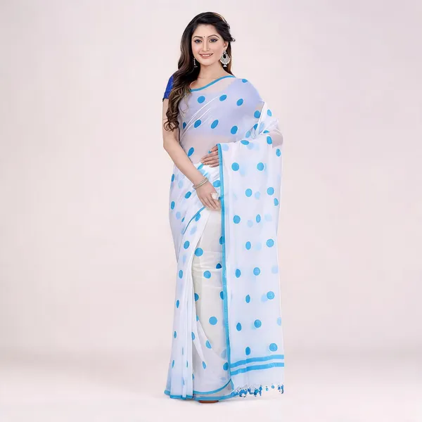 White_Sky_Blue_Cotton_Malmal_Woven_Handloom_Saree_For_Women