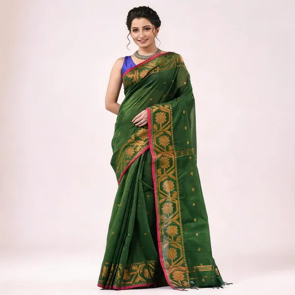 Deep_Green_Cotton_Handloom_Self_Design_Saree_With_Blouse_Piece_For_Women
