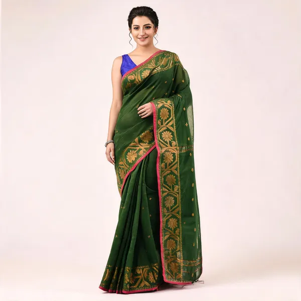 Deep_Green_Cotton_Handloom_Self_Design_Saree_With_Blouse_Piece_For_Women