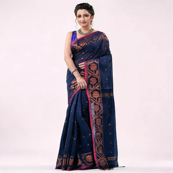 Dark_Blue_Cotton_Handloom_Self_Design_Saree_With_Blouse_Piece_For_Women
