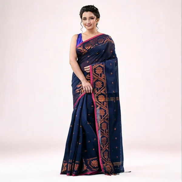 Dark_Blue_Cotton_Handloom_Self_Design_Saree_With_Blouse_Piece_For_Women