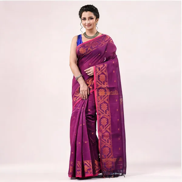 Pink_Cotton_Handloom_Self_Design_Saree_With_Blouse_Piece_For_Women