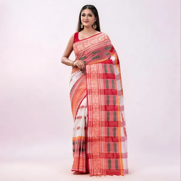 Red_Cotton_Handloom_Self_Design_Tant_Saree_For_Women