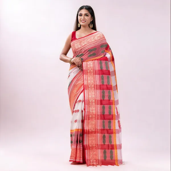 Red_Cotton_Handloom_Self_Design_Tant_Saree_For_Women