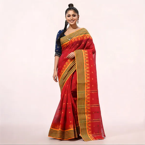 Red_Cotton_Handloom_Self_Design_Tant_Saree_For_Women