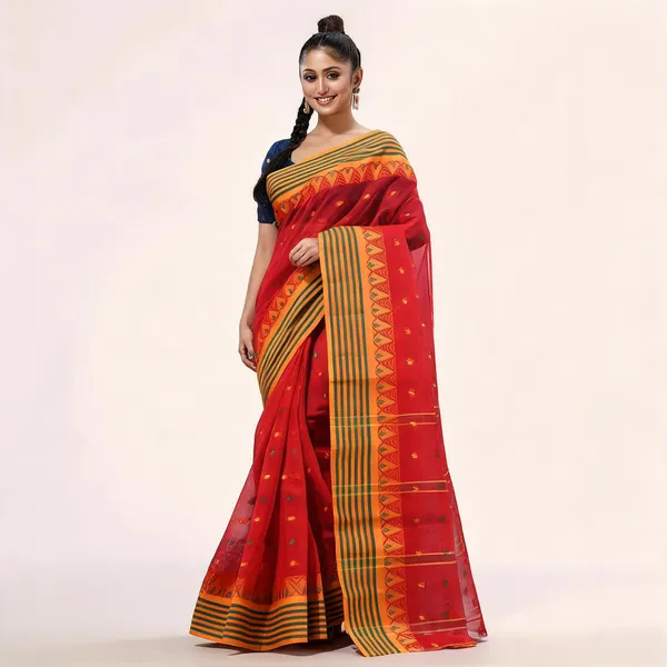Red_Cotton_Handloom_Self_Design_Tant_Saree_For_Women