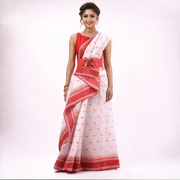 White_Red_Cotton_Handloom_Self_Design_Tant_Saree_For_Women