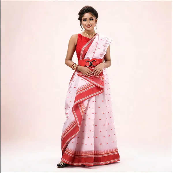 White_Red_Cotton_Handloom_Self_Design_Tant_Saree_For_Women