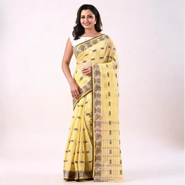 Yellow_Cotton_Bohemian_Tant_Handloom_Saree_For_Women