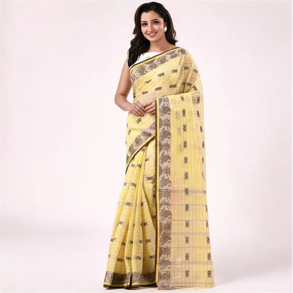 Yellow_Cotton_Bohemian_Tant_Handloom_Saree_For_Women