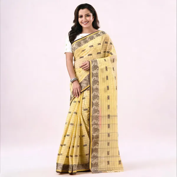 Yellow_Cotton_Handloom_Bengal_Tant_Saree_For_Women
