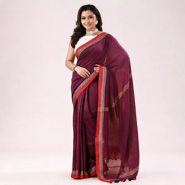 Wine_Cotton_Handloom_Classic_Bengal_Tant_Saree_For_Women