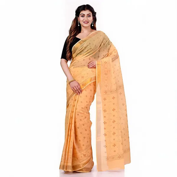 Gold_Cotton_Classic_Floral_Handloom_Tant_Saree_For_Women