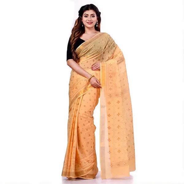 Gold_Cotton_Classic_Floral_Handloom_Tant_Saree_For_Women