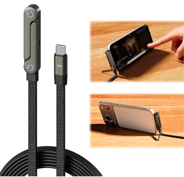 USB_C_to_USB_C_Cable,_Type-C_240W_Fast_Charging_Cable_5_FT，USB_c_Cable_Right_Angle,_Foldable_Bracket_Data_Cable_with_invisible_mobile_stand