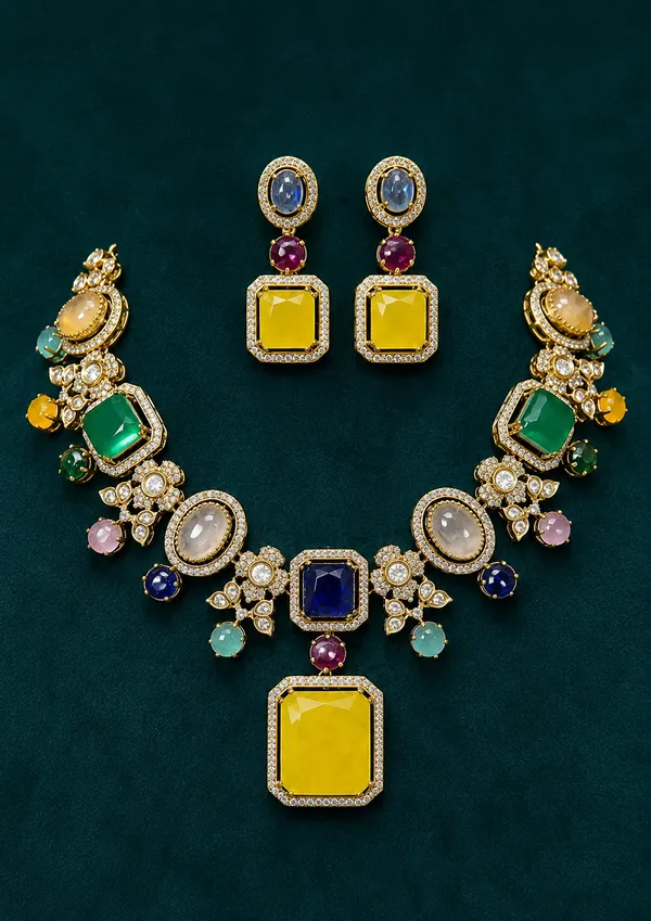 Gold-Tone_Multicolour_Stone_Geometric_Necklace_Set_For_Women