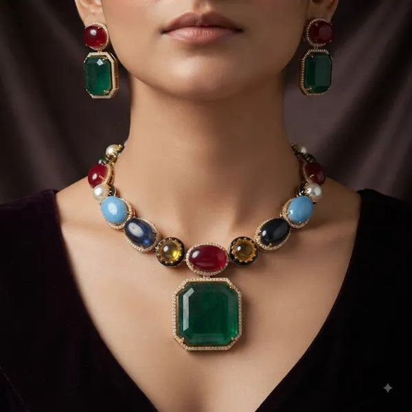 Emerald_Green_Multicolor_Gemstone_Necklace_Set_For_Women