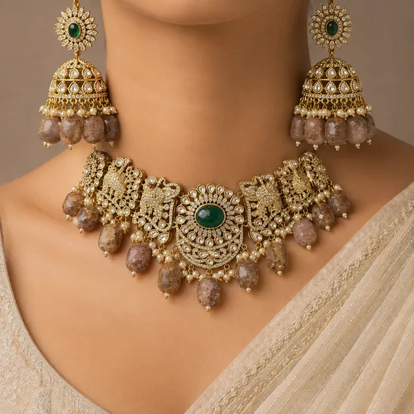 Gold-Tone_Green_Stone_Pearl_Pink_Bead_Drop_Necklace_Set_For_Women