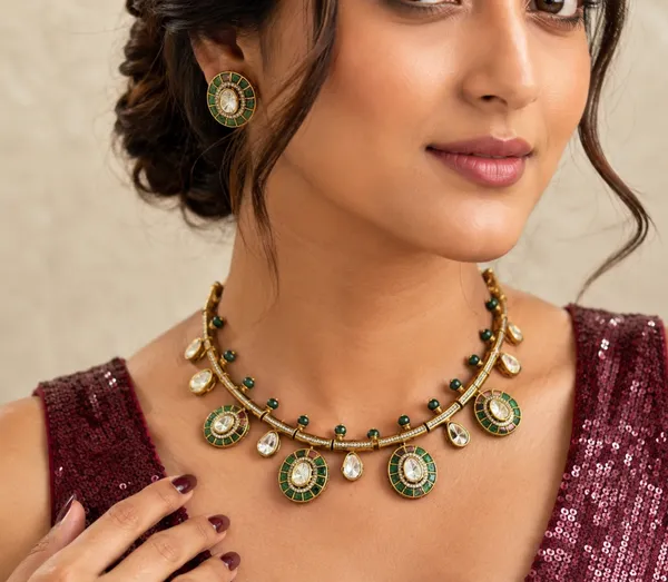 Antique_Gold-Tone_Green_Stone_Floral_Necklace_Set_For_Women