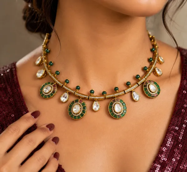 Antique_Gold-Tone_Green_Stone_Floral_Necklace_Set_For_Women