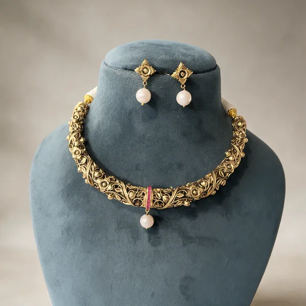 Gold-Tone_Filigree_Floral_Pink_Pearl_Necklace_Set_For_Women