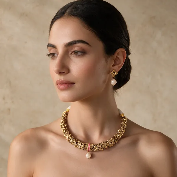 Gold-Tone_Filigree_Floral_Pink_Pearl_Necklace_Set_For_Women