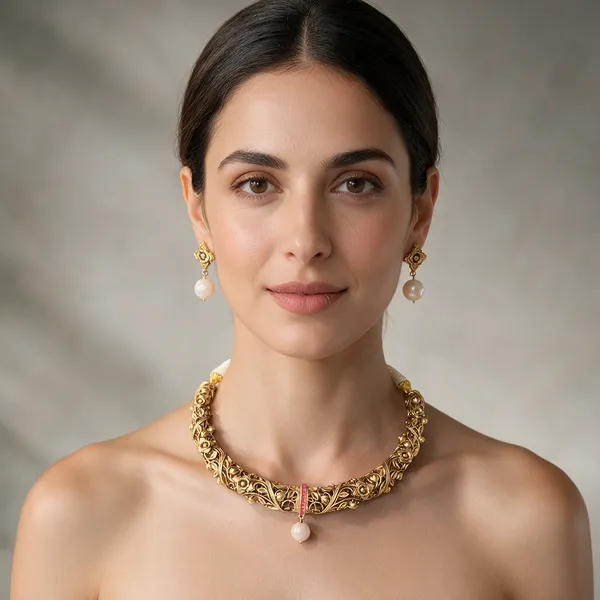 Gold-Tone_Filigree_Floral_Pink_Pearl_Necklace_Set_For_Women