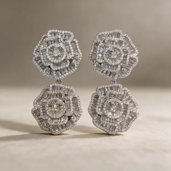 Silver-Tone_Pave_Double_Floral_Stone_Drop_Earrings_For_Women