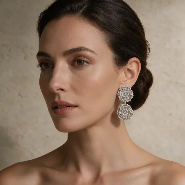Silver-Tone_Pave_Double_Floral_Stone_Drop_Earrings_For_Women