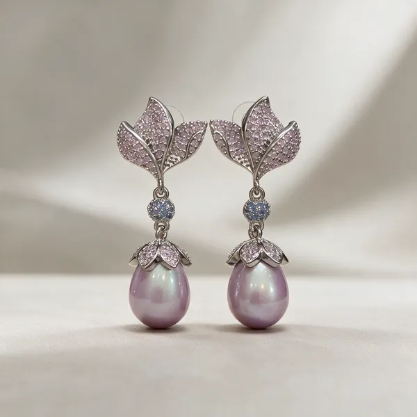 Silver-Tone_Floral_Leaf_Lavender_Pearl_Drop_Earrings_For_Women