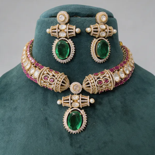 Gold-Tone_Green_Pink_Stone_Pearl_Bridal_Necklace_Set_For_Women