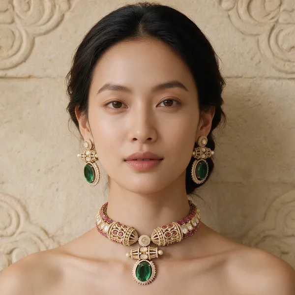 Gold-Tone_Green_Pink_Stone_Pearl_Bridal_Necklace_Set_For_Women