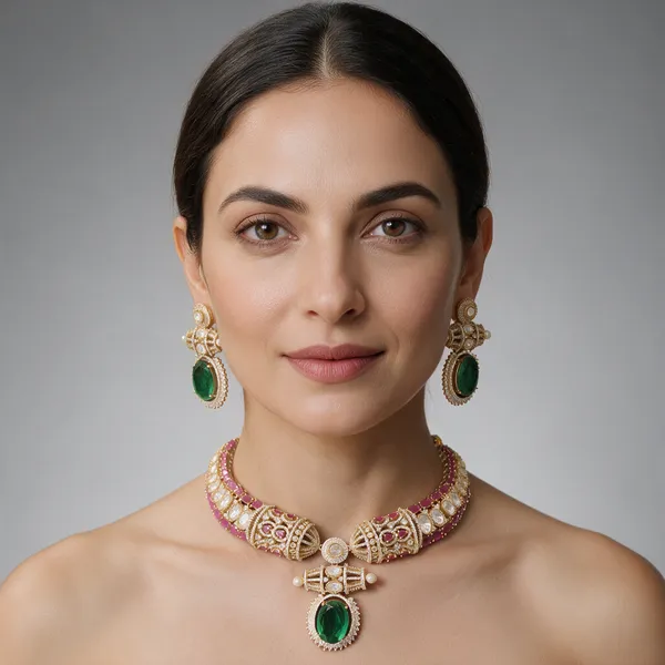 Gold-Tone_Green_Pink_Stone_Pearl_Bridal_Necklace_Set_For_Women