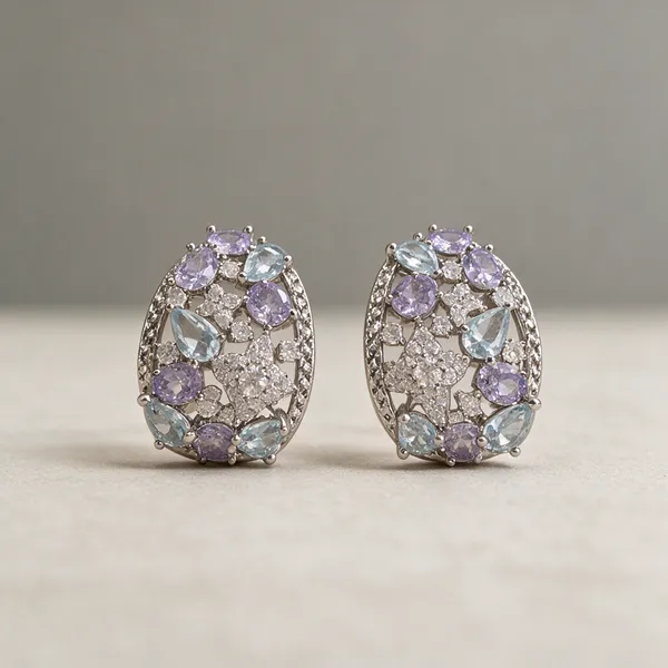 Silver-Tone_Multicolour_Faceted_Stone_Oval_Earrings_For_Women