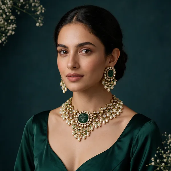 Antique_Gold-Tone_Emerald_Green_Stone_Pearl_Necklace_Set_For_Women