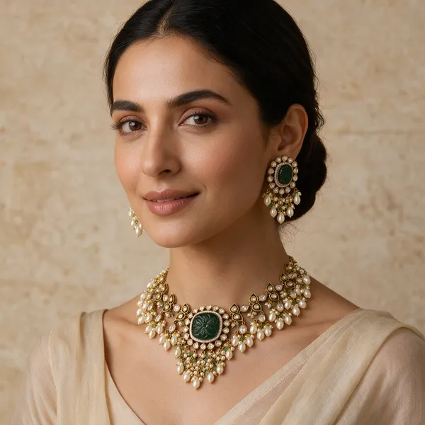 Antique_Gold-Tone_Emerald_Green_Stone_Pearl_Necklace_Set_For_Women