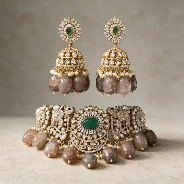 Gold-Tone_Green_Stone_Pearl_Pink_Bead_Drop_Necklace_Set_For_Women