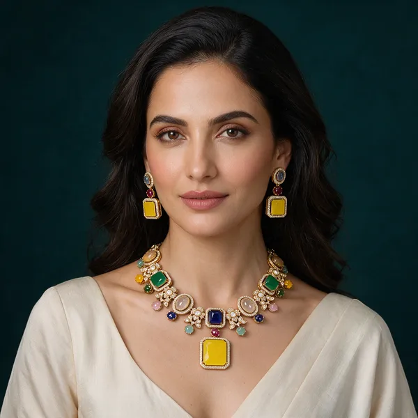 Gold-Tone_Multicolour_Stone_Geometric_Necklace_Set_For_Women