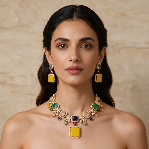 Gold-Tone_Multicolour_Stone_Geometric_Necklace_Set_For_Women
