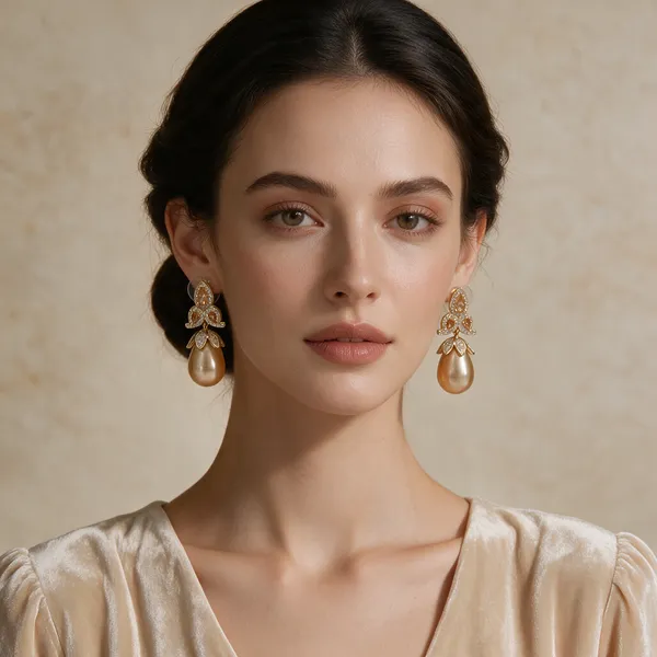 Gold-Tone_Crystal_Floral_Brown_Drop_Earrings_For_Women