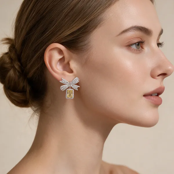 Silver-Tone_Rhinestone_Bow_Yellow_Stone_Drop_Earrings_For_Women