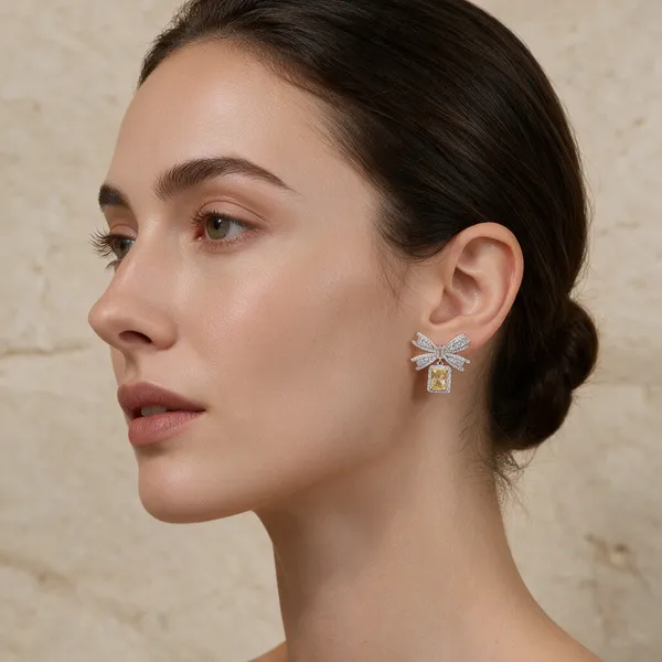 Silver-Tone_Rhinestone_Bow_Yellow_Stone_Drop_Earrings_For_Women